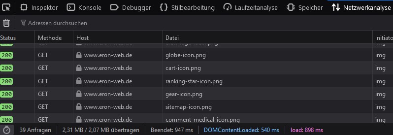 Ladezeit von eron-web.de im Firefox Browser